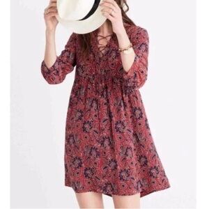 Madewell Red and Blue V-Neck Bell Sleeve Mini Dress